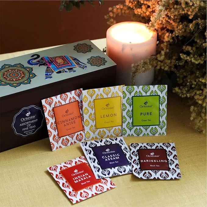 Octavius Gift's Select - Assorted Tea in Elephant Printed Wooden Box | 6 Flavors Black & Green, 60 Tea Bags | | Tea Gifts for Teas Lovers