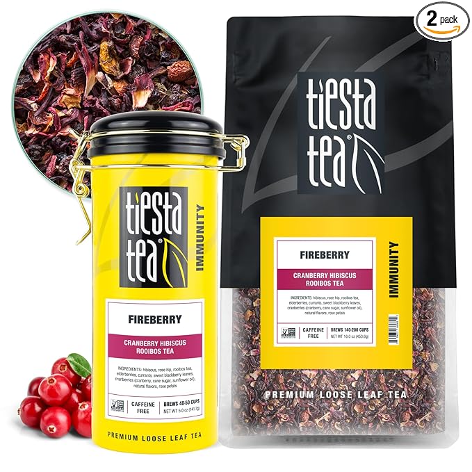 Tiesta Tea - Fireberry Cranberry Hibiscus Loose Leaf Tea, Premium Caffeine-Free Rooibos Blend, Brew Hot or Iced, Makes Up to 250 Cups, 16oz Bulk Pouch & 5oz Refillable Tin Set