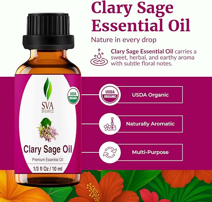 SVA Clary Sage Essential Oil Organic – 1/3 Fl Oz – 100% Natural Organic Clary Sage Oil - for Diffuser, Hair Care, Face, Skin Care, Aromatherapy, Scalp and Body Massage, Soap and Candle Making