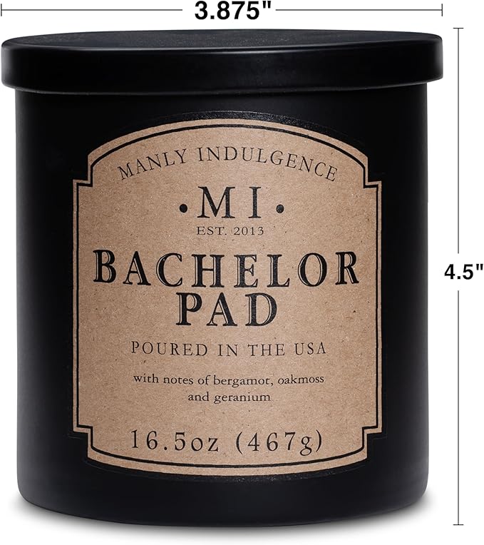 Manly Indulgence Bachelor Pad Scented Candles for Men, 16.5 oz Single Wick, Premium Soy Blend Wax, 60H Burn, Candles for Home Scented – Made in The USA