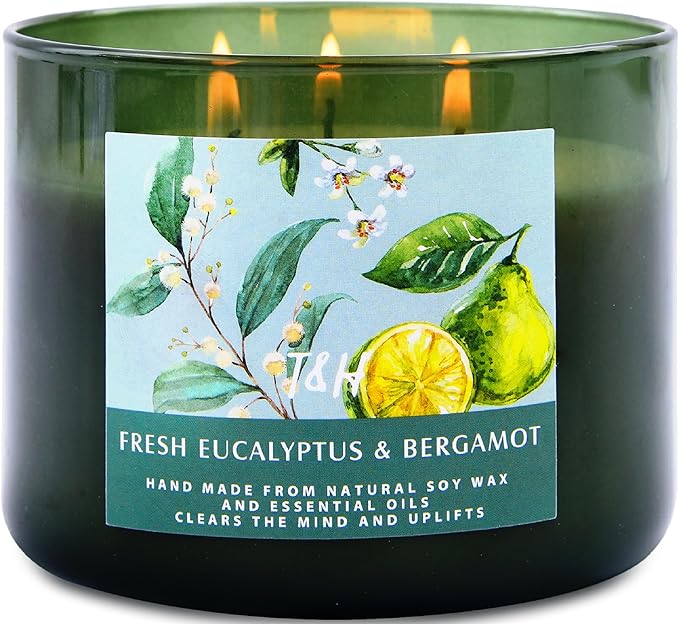 Eucalyptus & Bergamot 3-Wick Soy Scented Candle, 15.8 oz Large | Spa Fresh Scented Candle for Home | Aromatherapy Eucalyptus Candle | Housewarming Gift