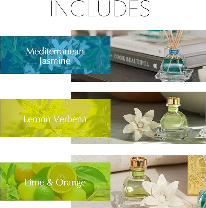AGRARIA Citrus & Floral PetiteEssence Collection, Handmade Sola Flower Reed Diffuser Set of 3, Luxury Home Fragrance Scented Oil Diffuser Gift Set