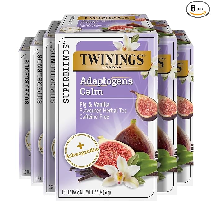 Twinings Superblends Adaptogens Calm with Ashwagandha Fig & Vanilla Flavoured Herbal Tea, Naturally Caffeine-Free, 18 Tea Bags (Pack of 6), Enjoy Hot or Iced, 108 Teabags