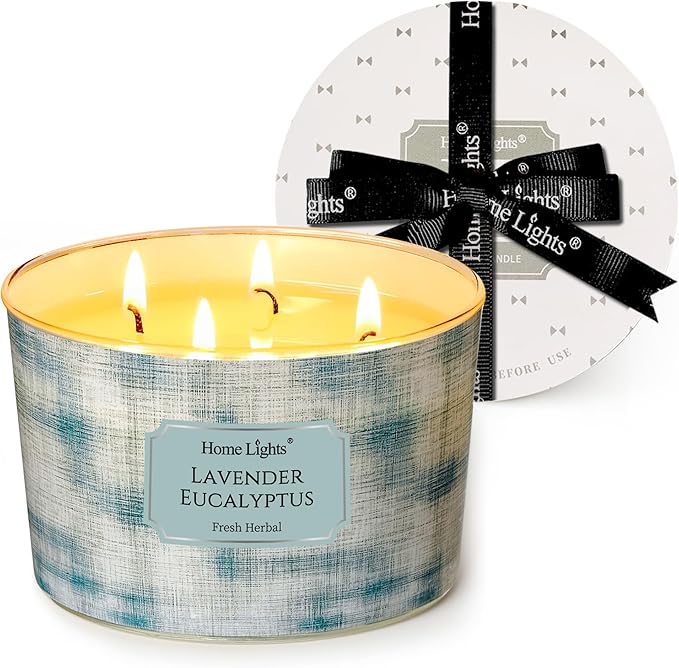HomeLights Soy Wax Candles for Home Scented, 4-Wick Candles in Lavender Eucalyptus Scented, Aromatherapy Candles Gift for Parties, Relaxing, Scandinavian Minimalist Design, 18oz