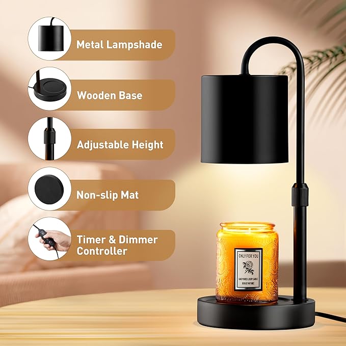 Briever Dimmable Candle Warmer Lamp with Timer, Height Adjustable Electric Candle Wax Warmer, Christmas Birthday Gifts for Women Mom, House Warming Gifts New Home Room Decor, Black Solid Wood Base