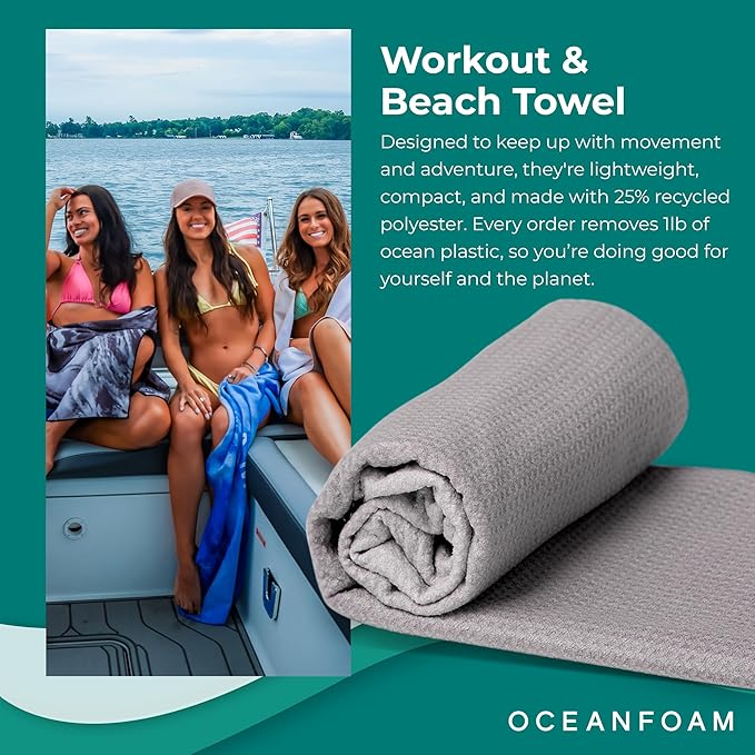Oceanfoam Beach Towel – Lightweight, Absorbent, Quick-Drying, Sand-Resistant, Non-Slip – Ideal for Workouts, Yoga, Pilates, Beach, Pool, Boat & Travel – 25% Recycled – 72"x24" (Charcoal Gradient)