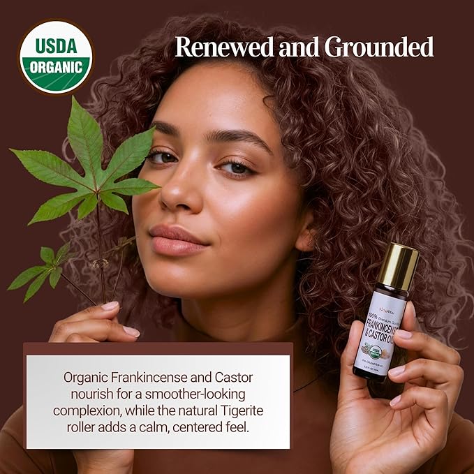 BodyJ4You Frankincense Essential Oil Roll On - Pure 100% USDA Organic Castor Oil + MCT Coconut Oil - Natural Tigerite Stone Roller - Skin Care Calm Breathwork - Amber Glass Bottle Rollerball (10ml)