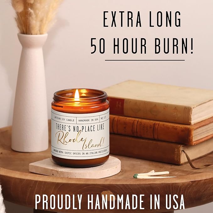 Rhode Island Gifts, Rhode Island Decor for Home - 'There's No Place Like Rhode Island Candle, w/Vanilla, Cardamon & Orange I Rhode Island Souvenirs State Gifts I 9oz Jar, 50Hr Burn, USA Made
