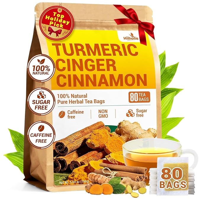 Turmeric Ginger Cinnamon Tea Bags, Turmeric Ginger Herbal Tea, No Sugar, No Caffeine, 80 Teabags