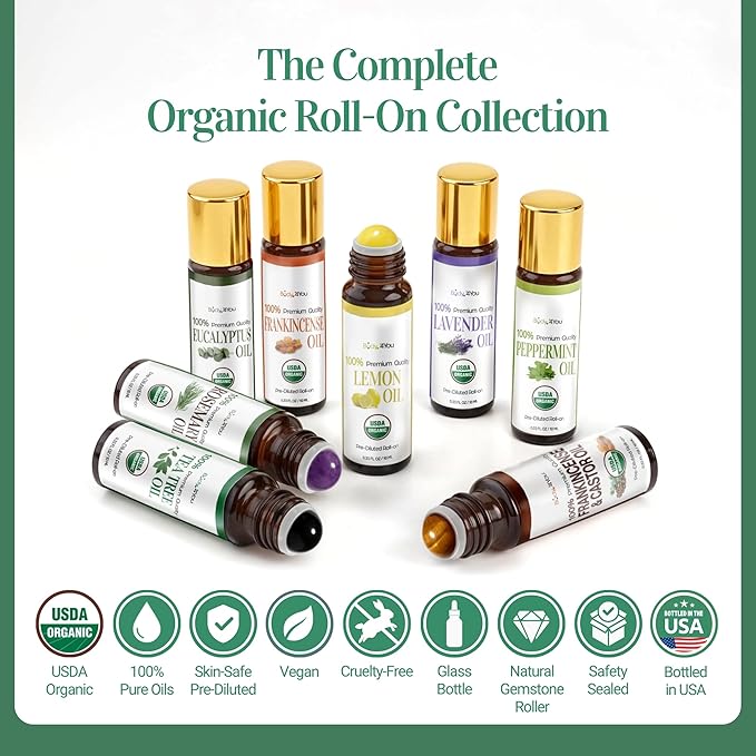 BodyJ4You Tea Tree Essential Oil Roller - Pure 100% USDA Organic MCT Coconut Oil - Natural Black Obsidian Stone Roller - Blemish Spots Clarify Cuticle Feet Scalp - Amber Glass Bottle Rollerball (10ml)