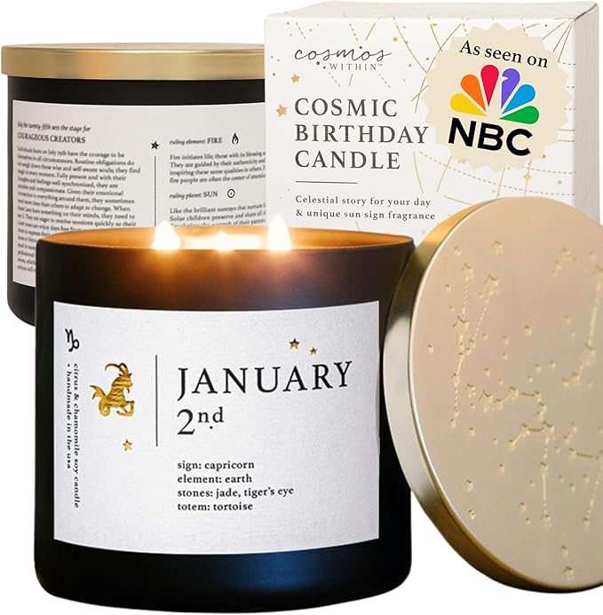 January 2nd Personalized Zodiac Candle | Inspirational Astrology Reading and Daily Affirmation for Your Birthdate | Handmade Capricorn Candles | Astrology Birthday Gifts for Women