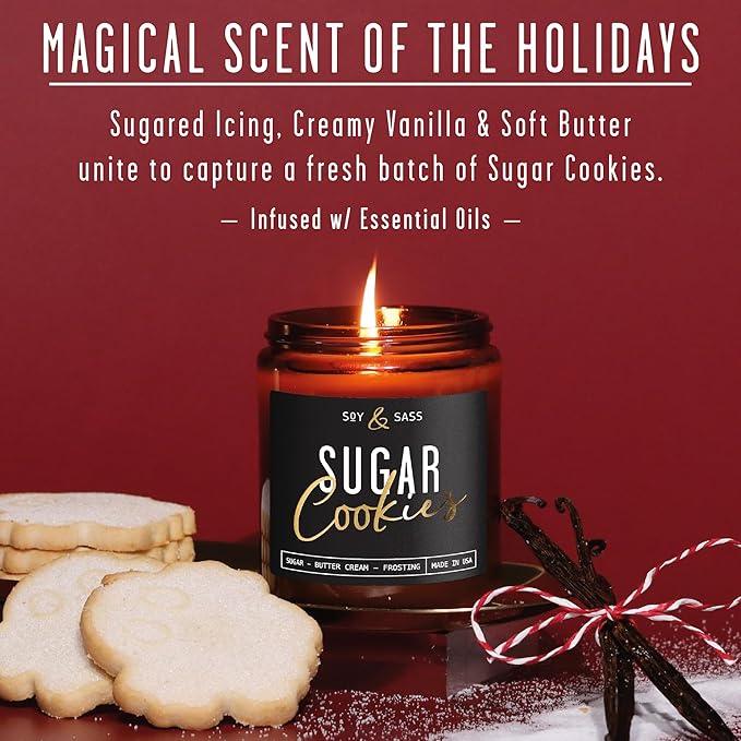 Sugar Cookie Candle, Cookie Candle – ‘Sugar Cookies’ Soy Candles, w/Sugar, Butter & Vanilla - Infused with Essential Oils I Christmas Candles I 9oz, 50 Hour Burn, Handmade in USA