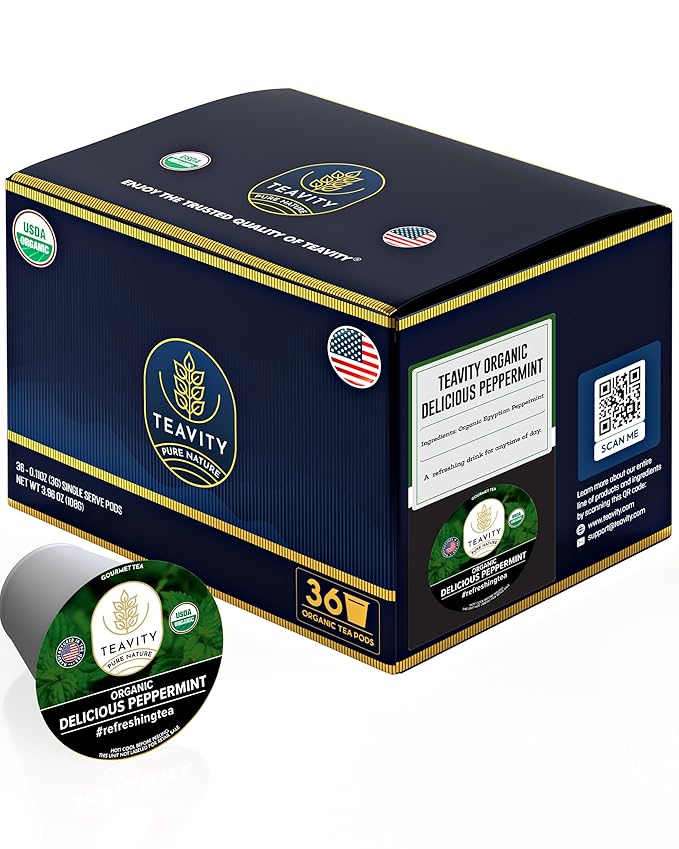 Organic Peppermint Tea Pods for Keurig - Decaf Tea - by Teavity (36 Tea Pods)