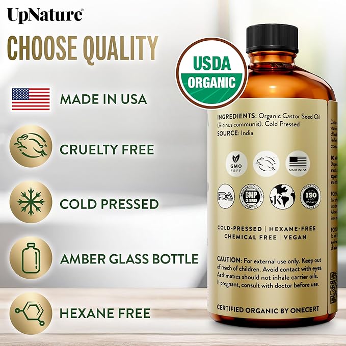 UpNature Castor Oil Organic - 100% Pure USDA Certified Organic Castor Oil for Face Hair Skin - 16oz Amber Glass Bottle, Hexane Free