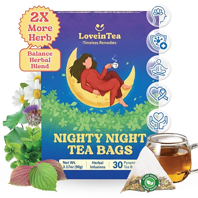 LoveinTea Nighty Night Sleep Herbal Tea Bags, Caffeine-Free Bedtime Tea,100% Natural Vietnamese Herb Blend, Plant-Based Pyramid Bags, 30 Count