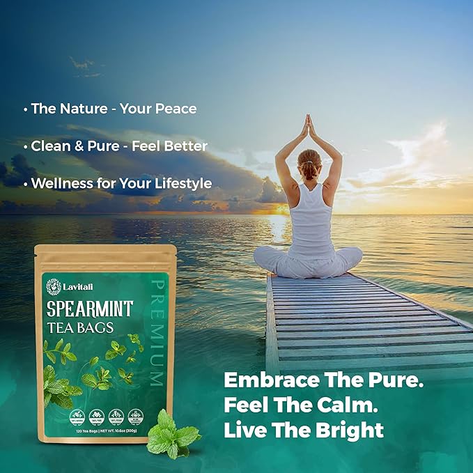 Lavitali, Spearmint Leaves Tea Bag | 120 bags, 100% Pure Herbal Tea | Caffeine-Free, Antioxidant-Rich, Eco-Friendly Filter Bag | Daily Natural Botanical, Hot or Iced Herbal Infusion