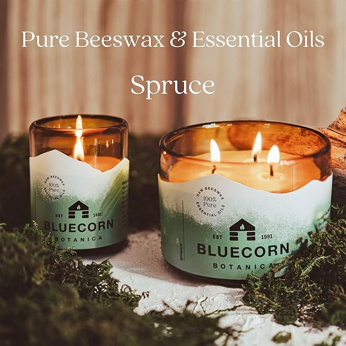 Bluecorn Beeswax Large 3-Wick Candle, 100% Pure Beeswax with Spruce Essential Oil, Amber Glass, Soy Free, Clean Burning Candle Wax, Long Lasting, Home Decor, American Made, 8 Oz, 1 Count