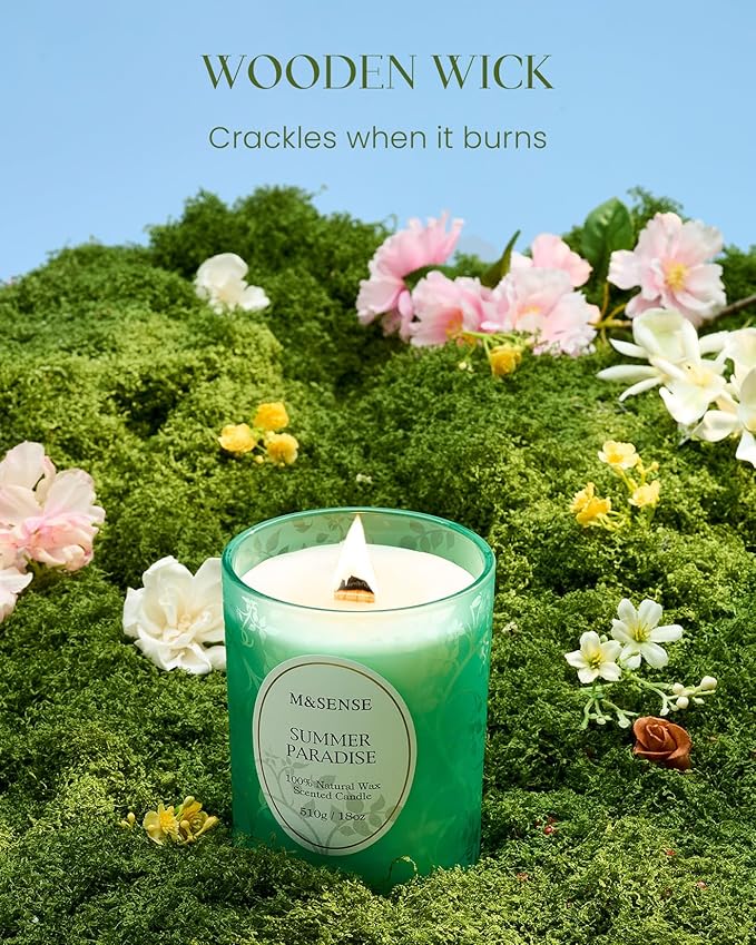 M&SENSE Summer Paradise Scented Candle, Cracking Wooden Wick Soy Wax, 18oz 100 Hours Long Lasting Clean Burn, Large Jar Candles for Home Decor, Non-Toxic Relaxing Aromatherapy Gifts for Women