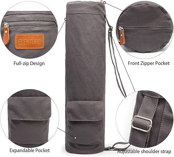 ELENTURE Canvas Yoga Mat Bag with Adjustable Strap & Pockets, Full-Zip Travel Gym Tote for Women & Men, Fits 1/4" & 1/3" Thick Mats, Lightweight Carrier for Yoga, Workout, Outdoor Use