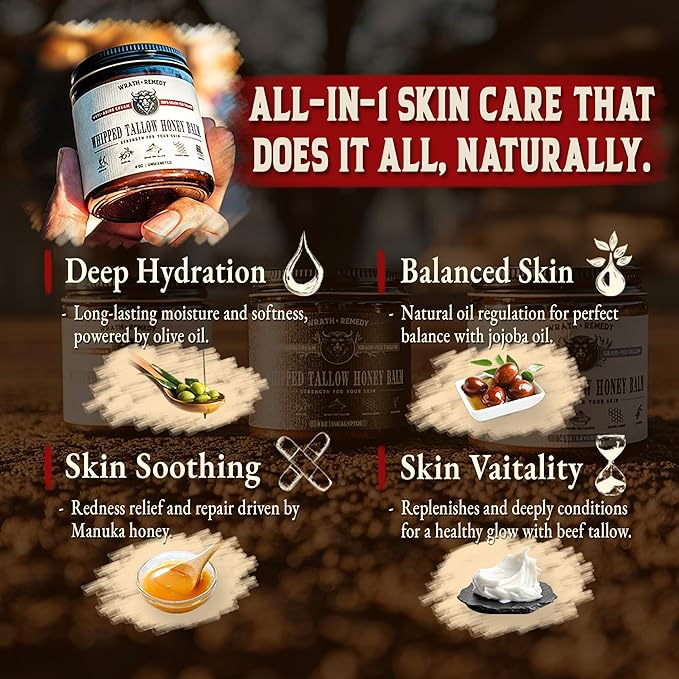 Organic Beef Tallow for Skin - 4 OZ (Unscented) — Grass Fed Beef Tallow for face + Body — US-Made Whipped Tallow and Honey Balm Moisturizer for Dry and Sensitive Skin, Eczema, Rosacea (No Additives)