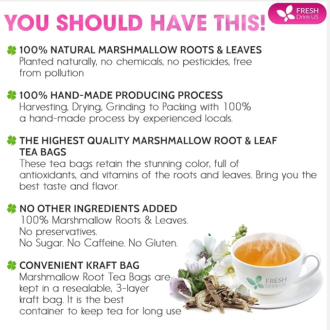 FreshDrinkUS, Premium 75 Marshmallow Root and Leaf Tea Bags, 100% Natural & Pure. Loose Leaf Marshmallow Herbal Tea. Made with Eco-Conscious Tea Bags. No Sugar, No Caffeine, No Gluten, Vegan.