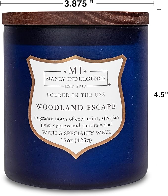 Manly Indulgence Woodland Escape Scented Candles for Men, 15 oz Wooden Wick, Premium Soy Blend Wax, 60H Burn, Candles for Home Scented - Made in The USA