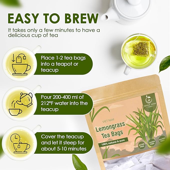NHAT ANH FARM - Premium Lemongrass Tea Bags, 40 Lemongrass Tea Bags, 100% Natural Dried Lemongrass, Naturally Sweet Herbal Tea, Sugar-Free, Caffeine-Free, No Additives