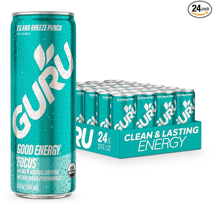 GURU Island Breeze Punch Organic Energy Drinks, Clean Energy Drink with Plant Based Natural Caffeine from Green Tea + Focus with L Theanine, Gluten Free and Vegan, 140MG Caffeine, 12oz (Pack of 24)