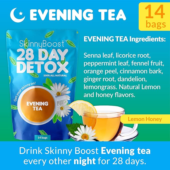 Skinny Boost Detox Tea Kit – 4 PACK - 2 Daytime Teas (56 Bags) 2- Evening Teas (28 Bags) – Herbal Detox for Weight, Metabolism, Energy, Bloating & Colon Cleanse – Green Tea, Vegan, Keto, Non-GMO, Sugar-Free
