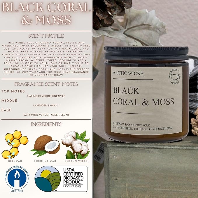 Arctic Wicks Handcrafted Candles | Non Toxic Coconut Beeswax Candles 16oz Double Wick | 100% USDA Certified Biobased, Handmade, Premium Waxes, Non-Toxic (Black Coral & Moss, 16oz Amber Jar)