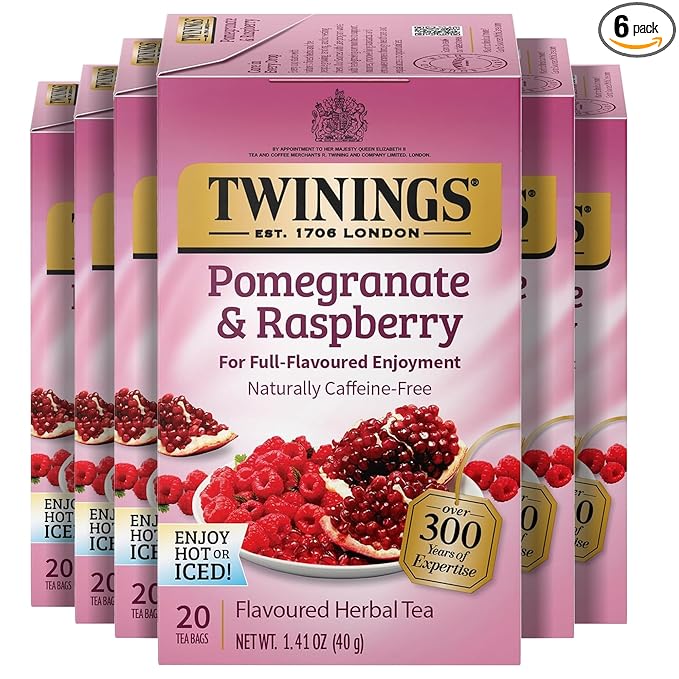 Twinings Pomegranate & Raspberry Herbal Tea Individually Wrapped Bags, 20 Count (Pack of 6), Naturally Caffeine-Free, Enjoy Hot or Iced, 120 Teabags