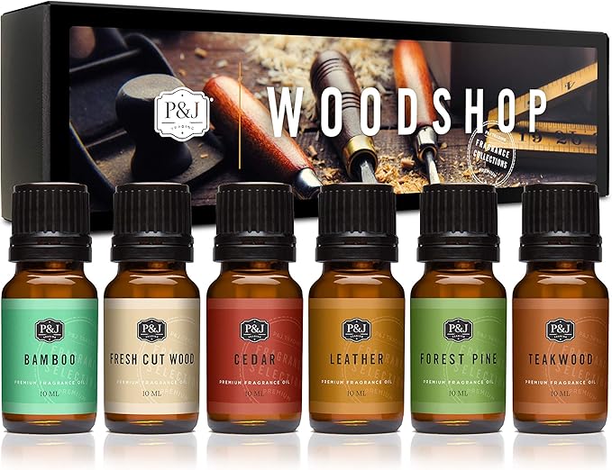 P&J Trading Fragrance Oil Woodshop Set | Forest Pine, Fresh Cut Wood, Leather, Teakwood, Bamboo, and Cedar Candle Scents for Candle Making, Freshie Scent, Soap Making Supplies, Diffuser Oil Scents