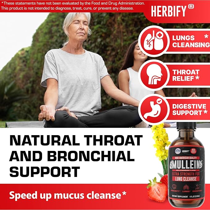 HERBIFY Mullein Drops - Lung Cleanse - Leaf Extract - Powerful Mullein for Immune Support, Detox & Respiratory Support - Made in USA - 4 Oz Strawberry Flavor