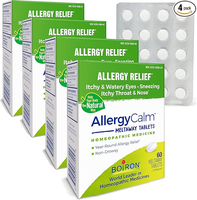 Boiron AllergyCalm Tablets 240 Count, Relief from Allergies and Hay Fever Symptoms of Sneezing, Runny Nose, Itchy Eyes, Throat, Allergy Calm Tabs (Formerly RhinAllergy) (Pack of 4 60ct Boxes)