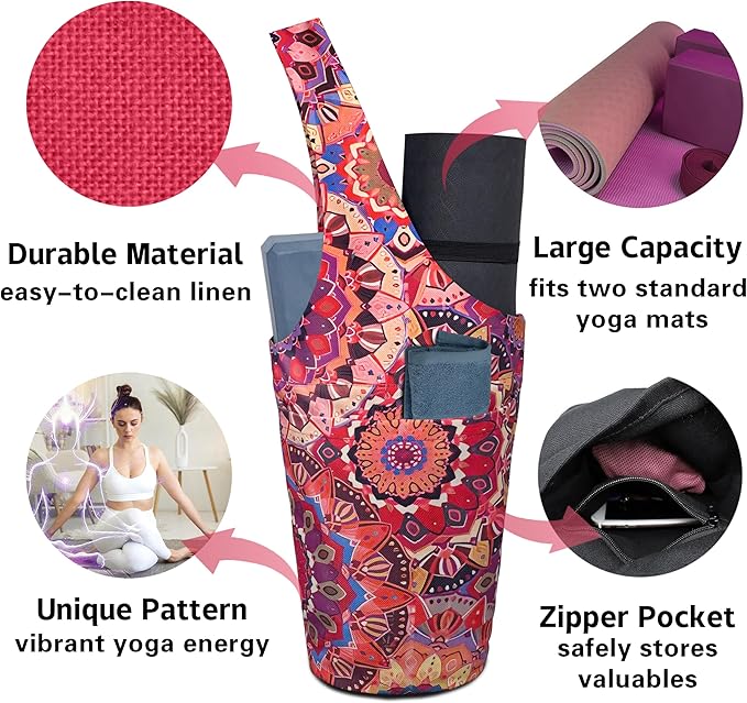 saniwu Yoga Mat Bag Carrier for Women with Side Large Pocket Durable Linen Workout Gym Travel Storage Pilates Mats