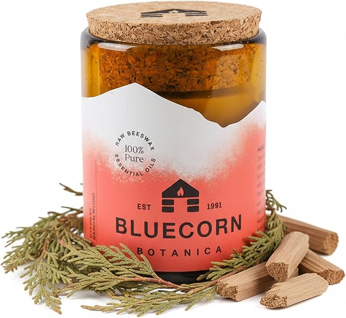 Bluecorn Beeswax Large 3-Wick Candle, 100% Pure Beeswax with Cypress & Sandalwood Essential Oils, Amber Glass, Soy Free, Clean Burning Candle Wax, Long Lasting, Home Decor, American Made, 8 Oz, 1 Ct