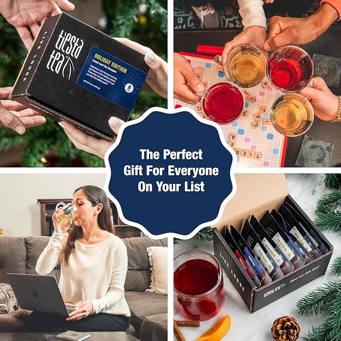 Tiesta Tea - Holiday Tea Sampler Dry Flight Set, Loose Leaf, High to No Caffeine Hot & Iced, Premium Brew Sample with Black, Herbal, Fruit & Hibiscus Blends, 8 Resealable Sample Pouches