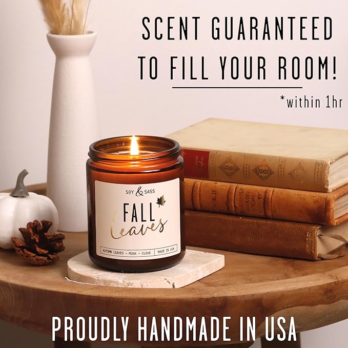 Fall Candles - 'Fall Leaves' Fall Candle w/Autumn Leaves, Clove & Musk I Infused with Essential Oils I Autumn Scented Candles I Cozy Cute Autmn Décor Gifts I 9oz Jar I 50Hr Burn I Made in USA