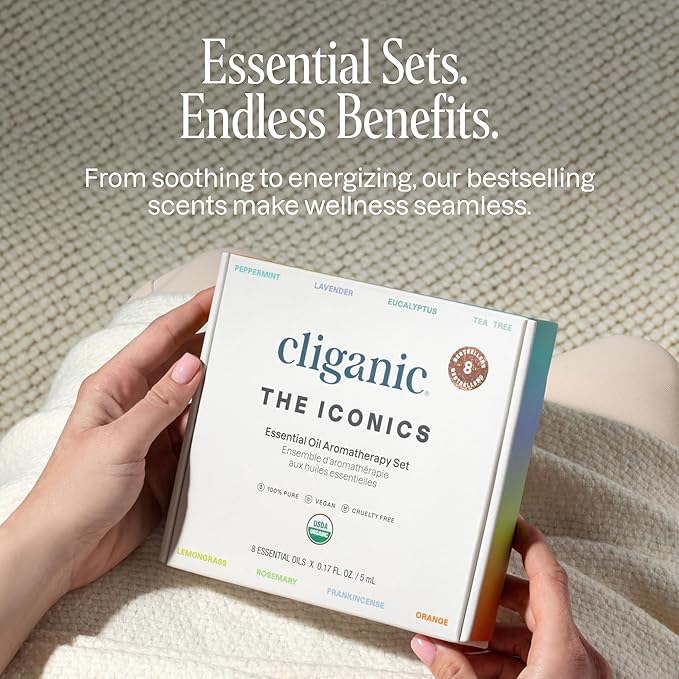 Cliganic Organic Aromatherapy Essential Oils Gift Set (Top 8 - The Iconics), 100% Pure - Peppermint, Lavender, Eucalyptus, Tea Tree, Lemongrass, Rosemary, Frankincense & Orange