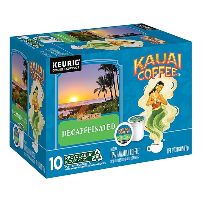 Kauai Coffee K-Cup Pods for Keurig Brewers – Arabica Coffee, 10% Hawaiian – Medium Roast, Bright Aroma with Floral Notes – Decaf, 1 Pack of 10 Single Serve K-Cups