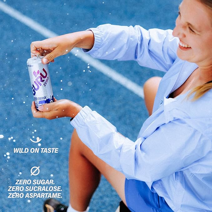 GURU ZERO SUGAR Wild Berry Organic Energy Drink with Plant Based Natural Caffeine from Green Tea, Coconut Water, Prebiotic, Zero Added Sugars, Gluten Free & Vegan, Pre Workout, 140MG Caffeine, 12 Oz (Pack of 24)