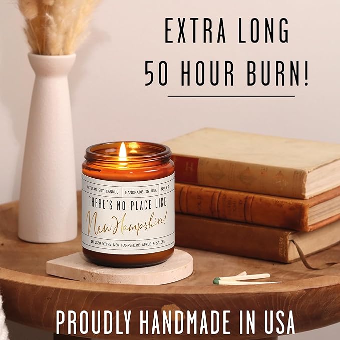 New Hampshire Gifts, New Hampshire Decor for Home - 'There's No Place Like New Hampshire Candle, w/McIntosh Apple & Spice I New Hampshire Souvenirs State Gifts I 9oz Jar, 50Hr Burn, USA Made