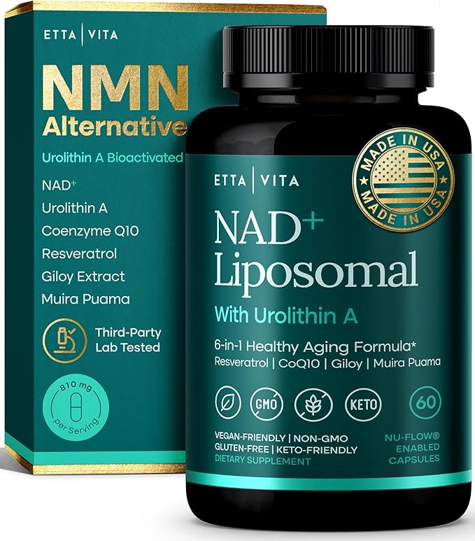 Liposomal NAD+ Supplement - Resveratrol, Urolithin A, CoQ10 & Muira Puama (Made in USA) NAD Supplement for Natural Energy, Brain Fog, Digestion, Detox, Gut Health, Microbiome, NR NMN Replacement