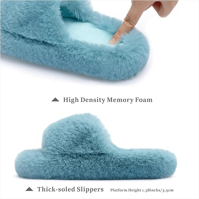 Chantomoo Women's Blue Memory Foam Faux Fur Lined Open Toe Slippers for Women - US 12