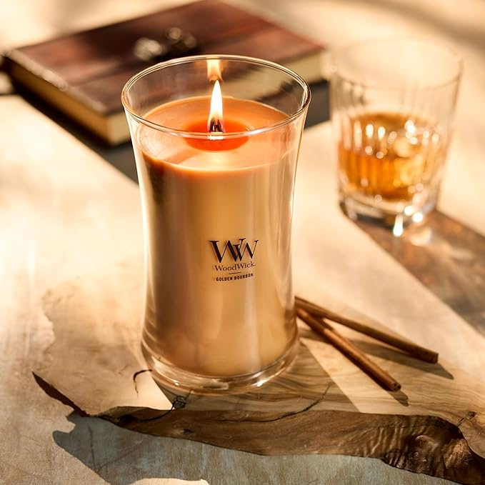 WoodWick Golden Bourbon Holiday Candle Gifts for Women and Men, 21.5 oz Large Hourglass Candle with Crackling Wick