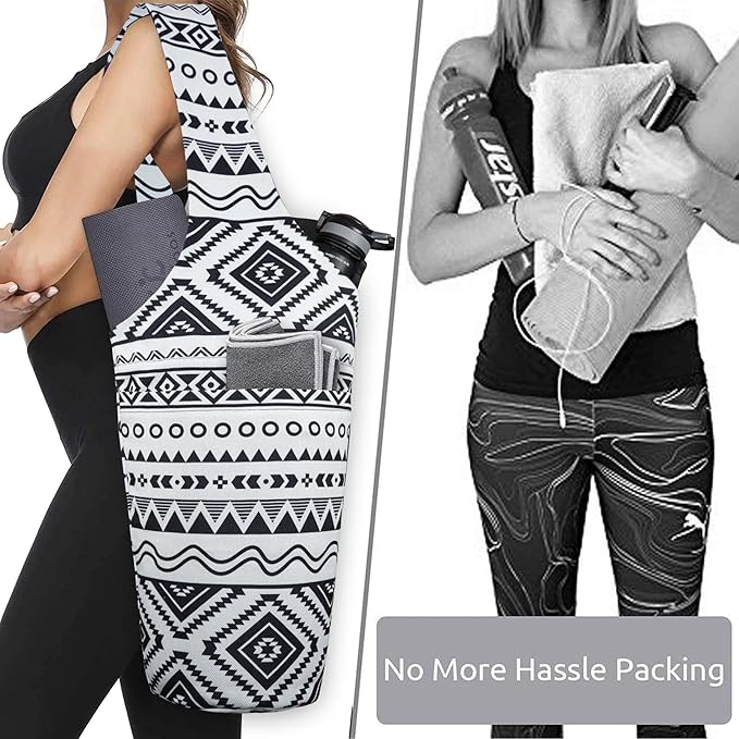 Fashion Printed Yoga Mat Bag with Large Side Pocket & Zipper Pocket Long Tote Yoga Bag Fit Most Size Mats - Holds More Yoga Accessories