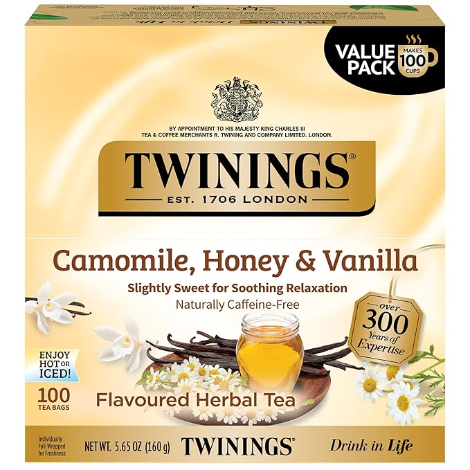 Twinings Camomile, Honey & Vanilla Herbal Tea Individually Wrapped Bags, 100 Count (Pack of 1), Naturally Caffeine-Free, Enjoy Hot or Iced, 100 Teabags