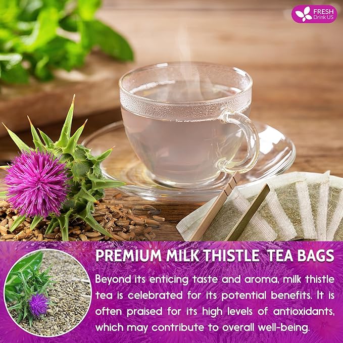 FreshDrinkUS, Premium 30 Milk Thistle Tea Bags, 100% Natural & Pure from Milk Thistle Seeds. Milk Thistle Seed Herbal Tea. Made with Natural Material Tea Bags. No Sugar, No Caffeine, No Gluten, Vegan.