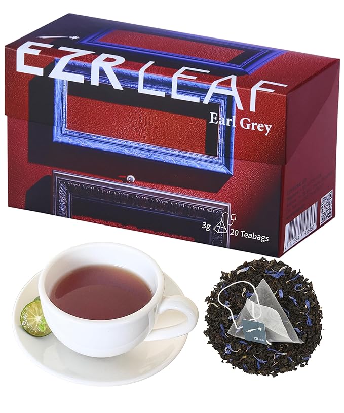 ERZ Leaf Earl Grey Ceylon Black Tea Premium Whole Leaf with Bergamot & Cornflower Blend, 20 Pyramid Tea Bags 2.1 Once, Gift Box Ready, Elegant Aroma, Smooth Flavor