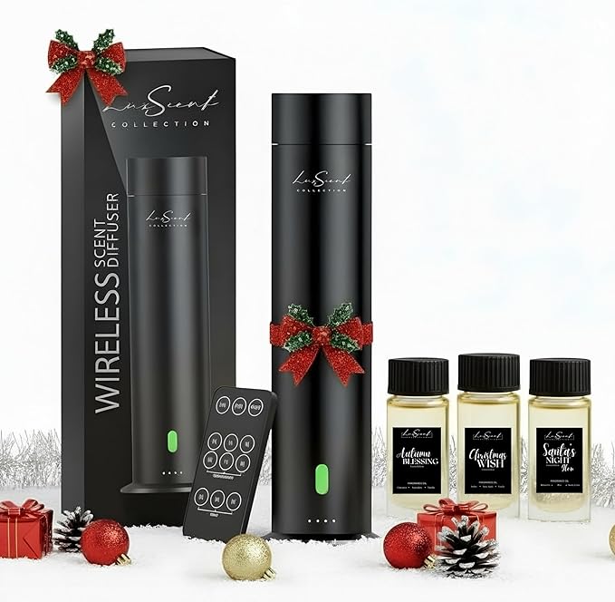 Wireless Aroma Diffuser with 150mL Christmas Scent Oil 3-Pack Included - for up to 1000sq. ft Coverage - Hotel Scent Diffuser - Remote Control - Home Luxury Essential Oil Diffuser - Aromatherapy